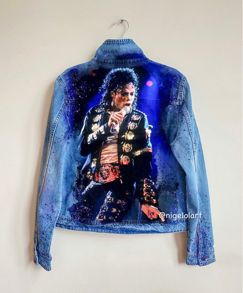 Denim Jacket Michael Jackson, Bad, Handmade Custom jacket dark blue jean jacket, - 女装休闲/机能外套 - 棉．麻 蓝色