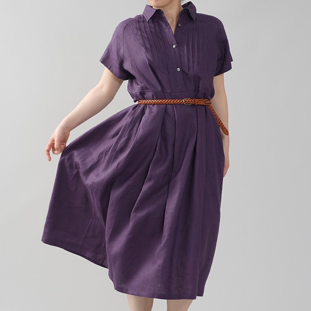 wafu - 亞麻連身裙 Midweight Linen Pleated Bosom Dress / Plum Purple a081r-ppe2 - 洋装/连衣裙 - 亚麻 紫色