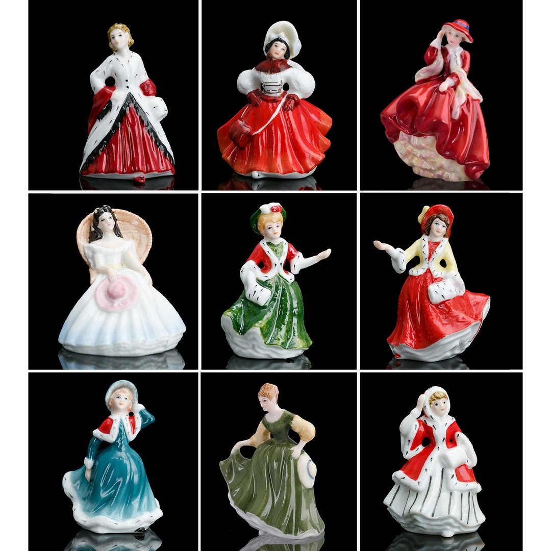 英国 Royal Doulton 手绘陶瓷维多利亚 2005 迷妳小仕女雕塑摆饰 9 件套 - 玩偶/公仔 - 瓷 