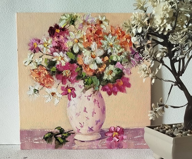 雏菊油画 - 原创艺术 - 小型花卉画 - 野花艺术 - 墙贴/壁贴 - 棉．麻 橘色