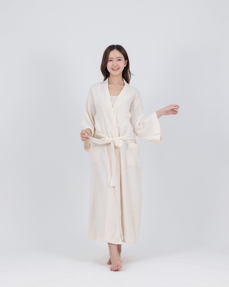 Long Double Gauze Cotton Kimono Robe - 其他 - 棉．麻 卡其色