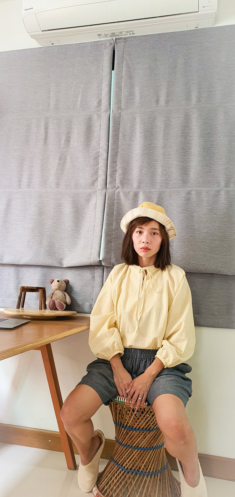 Ribbin Top yellow cream line - 女装上衣 - 棉．麻 黄色