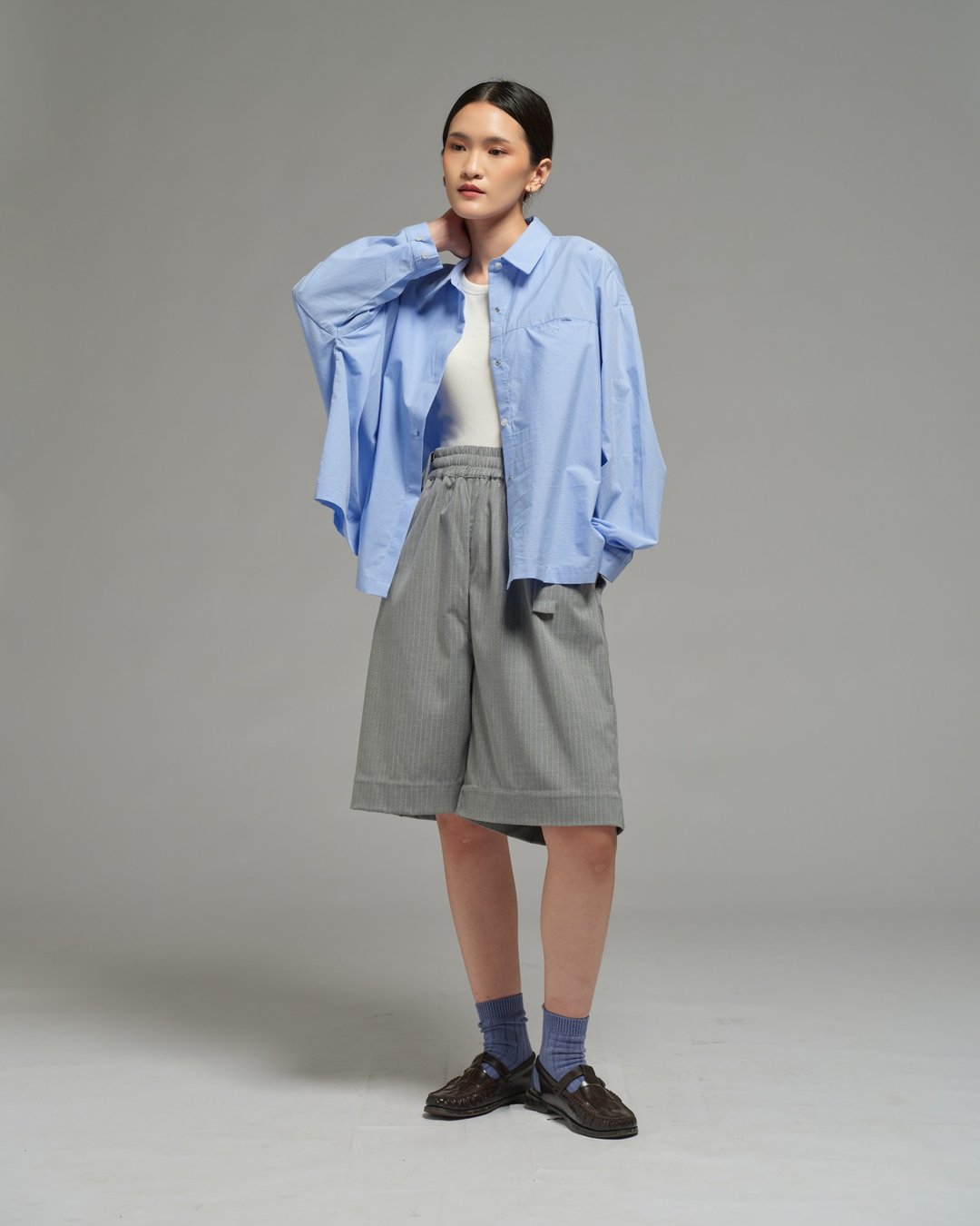 Unisex: 不对称衬衫 (Placid Blue) - 女装衬衫 - 棉 蓝色