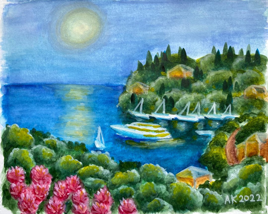 月光下水彩画，自然艺术品，摩纳哥，法国南部 - 墙贴/壁贴 - 其他材质 绿色