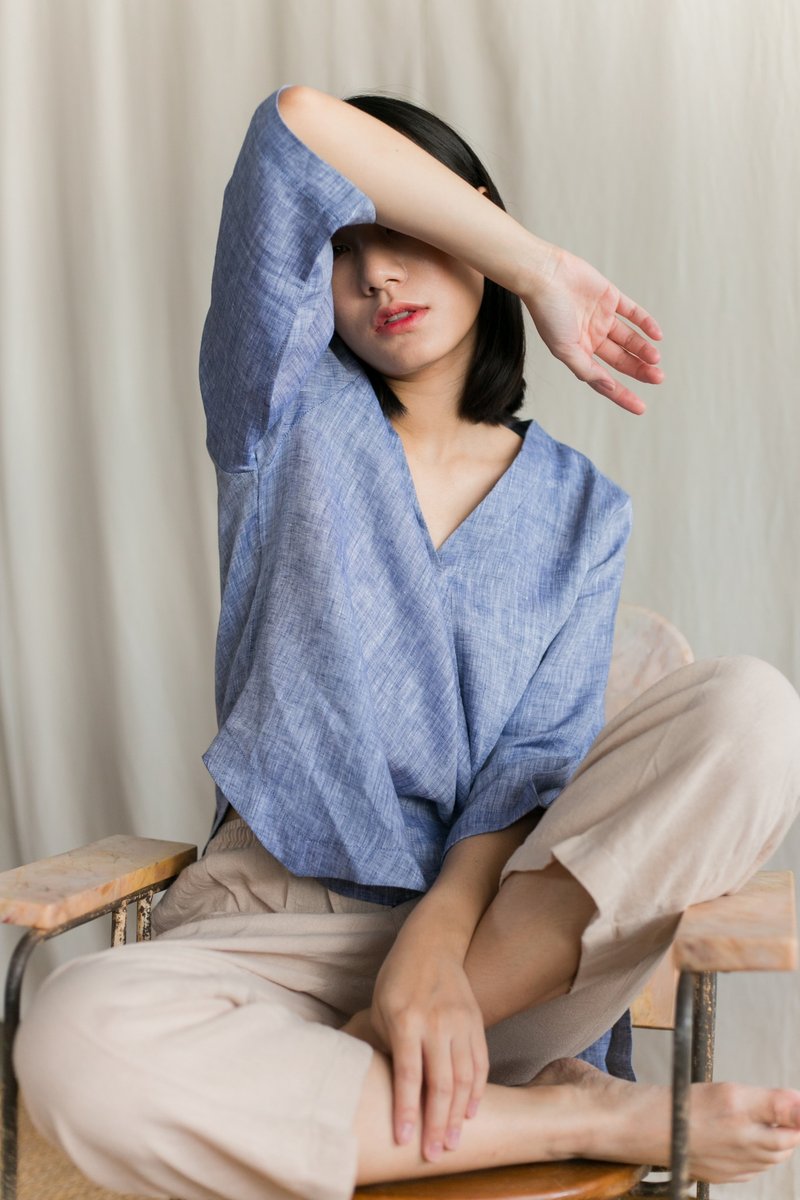 Foak Tie by Side in Greyblue Chambray - 女装上衣 - 棉．麻 蓝色