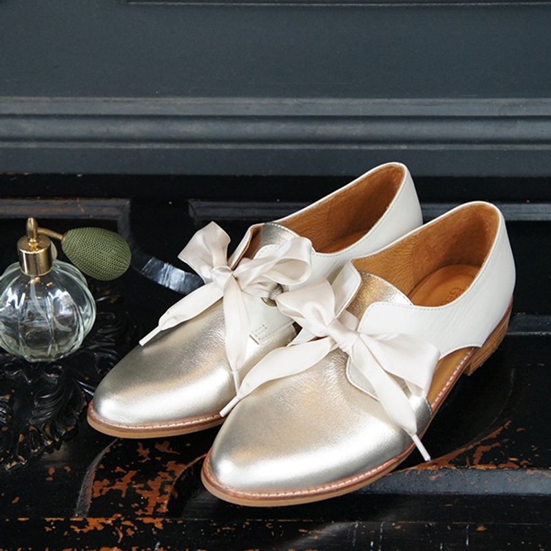 GT全真皮缎带镂空牛津鞋-金白色 - 女款牛津鞋/乐福鞋 - 真皮 金色