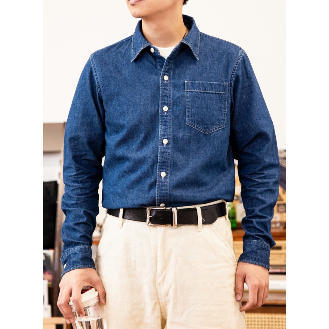 牛仔衬衫 老式8.5oz纯棉丹宁布 合身剪裁 酵素漂洗处理 美式复古 - 男装衬衫 - 棉 蓝色