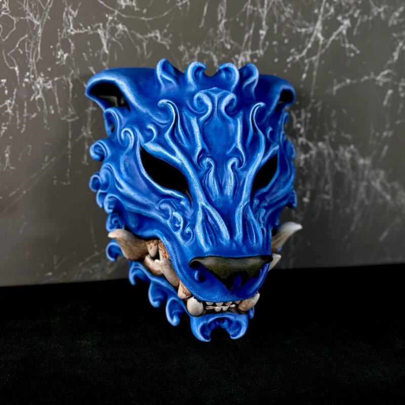 蓝狮面具、Komainu面具、中国虎面具、Foo Dog面具、Lion-Dog面具 - 口罩 - 树脂 蓝色