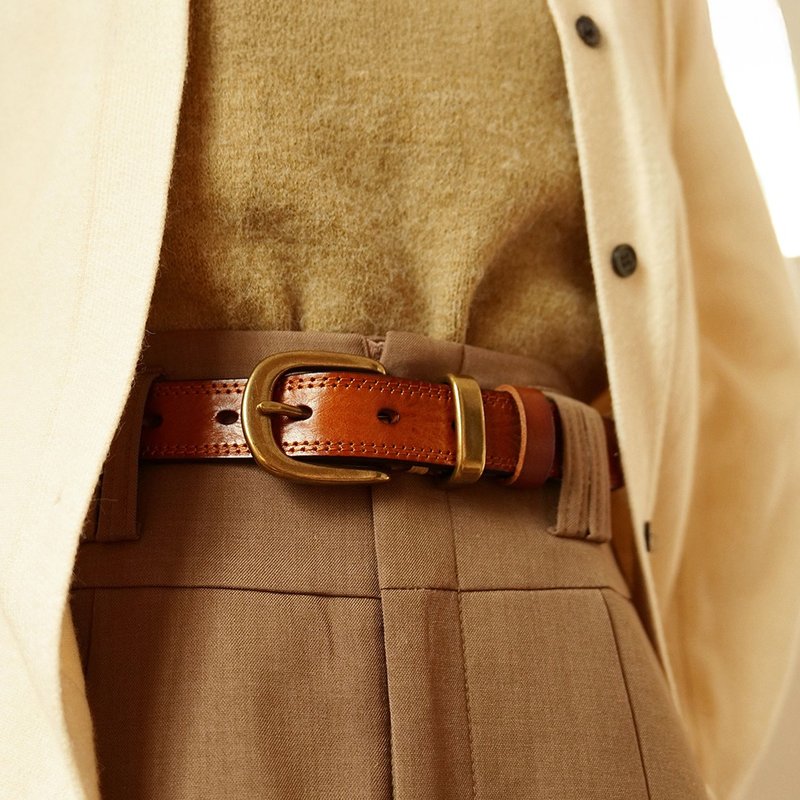 【男女皆宜】美式復古真皮腰帶 純銅扣頭皮帶 百搭牛仔褲工裝褲帶 - 皮带/腰带 - 真皮 
