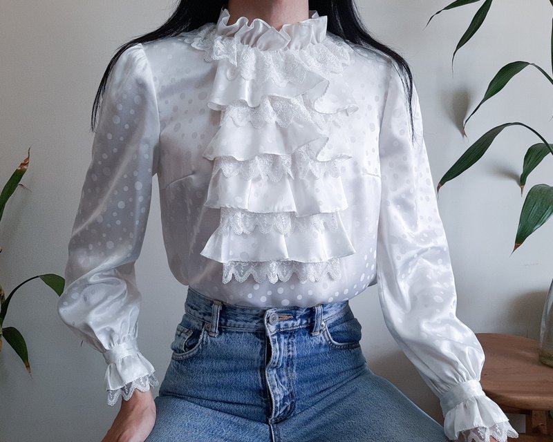70年代复古荷叶边蕾丝高领波点缎面衬衫 文艺复兴风格 S-M码 - 女装上衣 - 聚酯纤维 白色