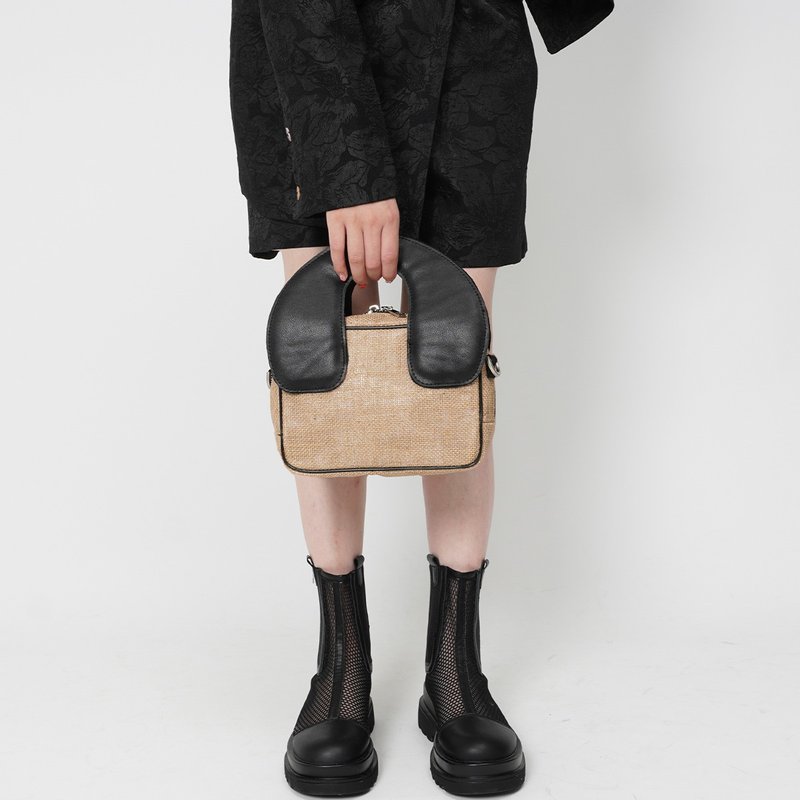 rebirth野生设定原创涂鸦撞色拼接链条单肩黄麻包手提斜挎女士包 - 手提包/手提袋 - 亚麻 蓝色