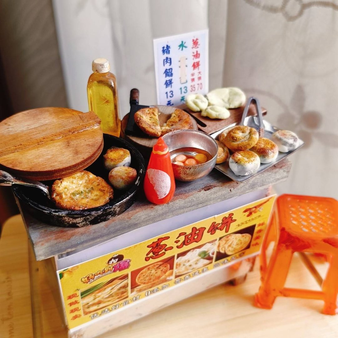 葱油饼 宵夜 摊车 夜市 点心 小吃 台式 袖珍 手作 迷你 食玩 - 摆饰 - 粘土 