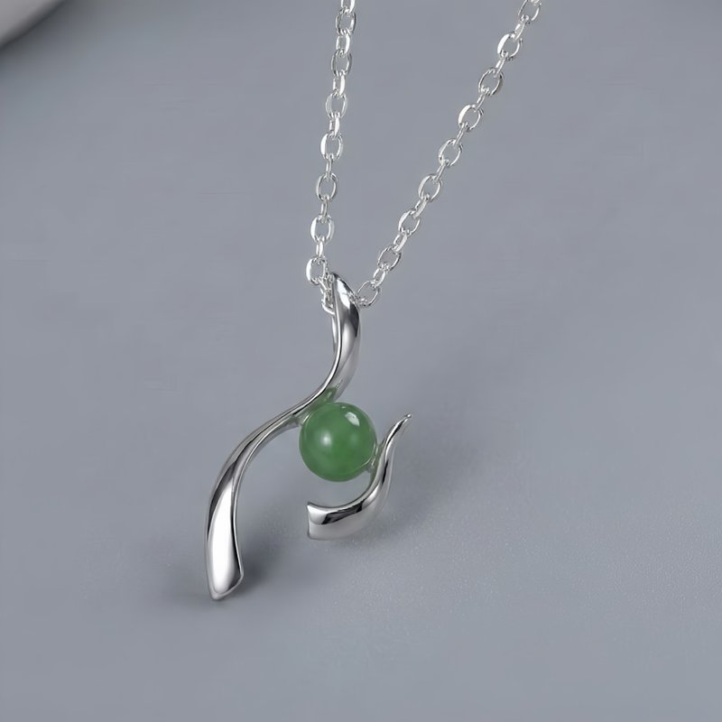 自在 玉 坠子 项链 天然碧玉 4mm 珠 A货  925 纯银 礼物 - 项链 - 玉石 绿色