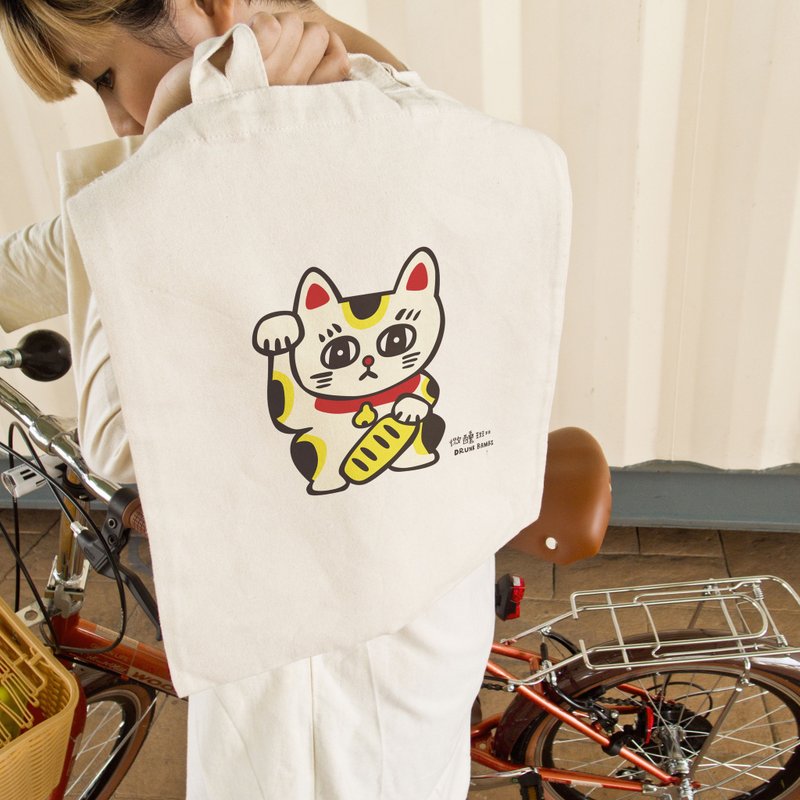 提背两用帆布袋 招财猫 - 侧背包/斜挎包 - 棉．麻 白色