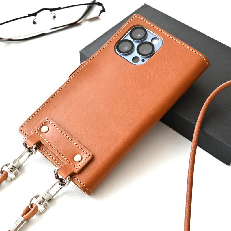 支持所有机型 真皮手账型手机壳 油鞣皮革手机背带款 附手机背带 - 手机壳/手机套 - 真皮 咖啡色