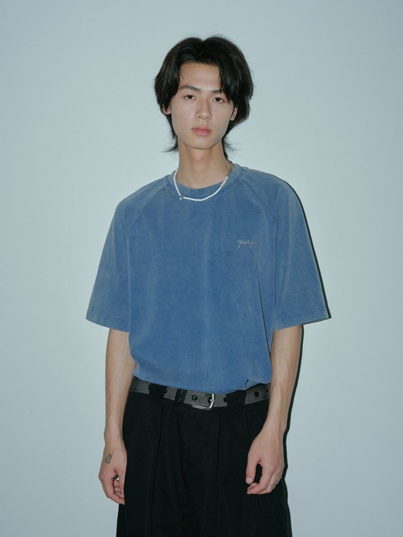 潮汐的声音 牛仔色刺绣短袖T恤 - 男装上衣/T 恤 - 其他材质 蓝色