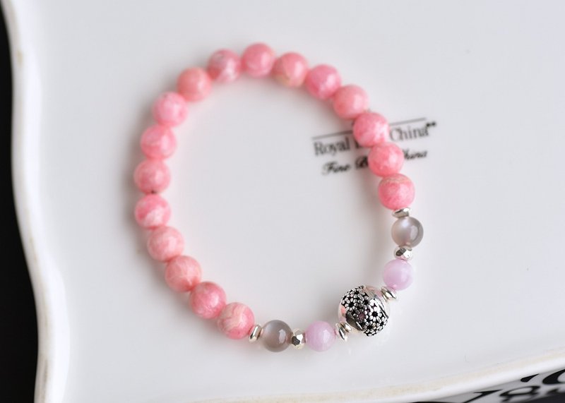 粉色红纹石菱锰矿+紫锂辉+月光石纯银手链 - 手链/手环 - 水晶 粉红色