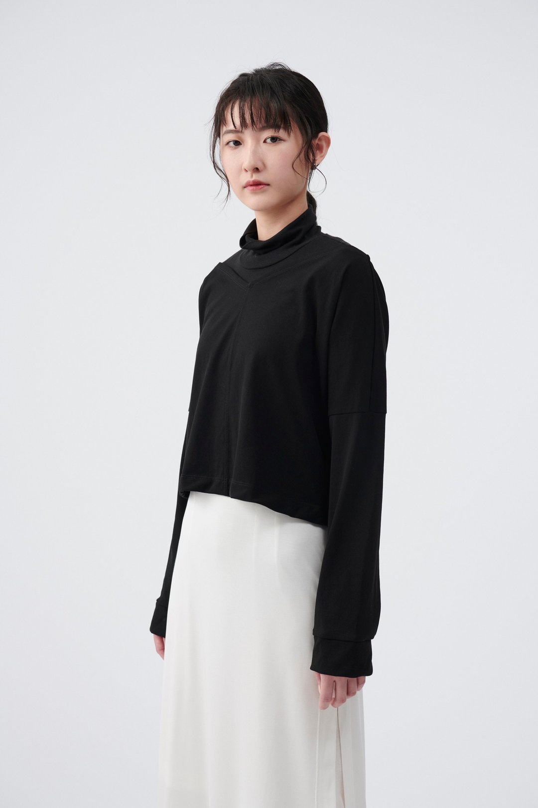 TRAN - 宽领剪接衫 - 女装上衣 - 棉 黑色