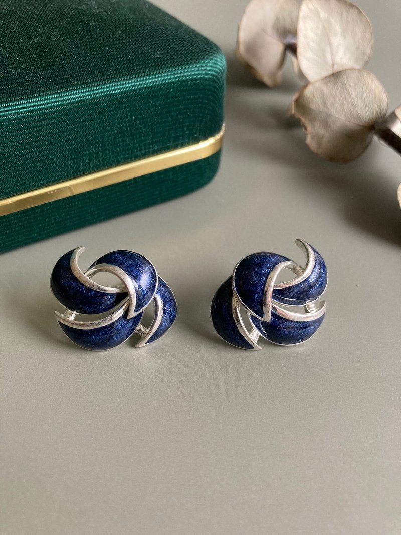 80-90s 气质螺旋彩带感 银蓝珐琅 耳针耳环 - 耳环/耳夹 - 珐琅 