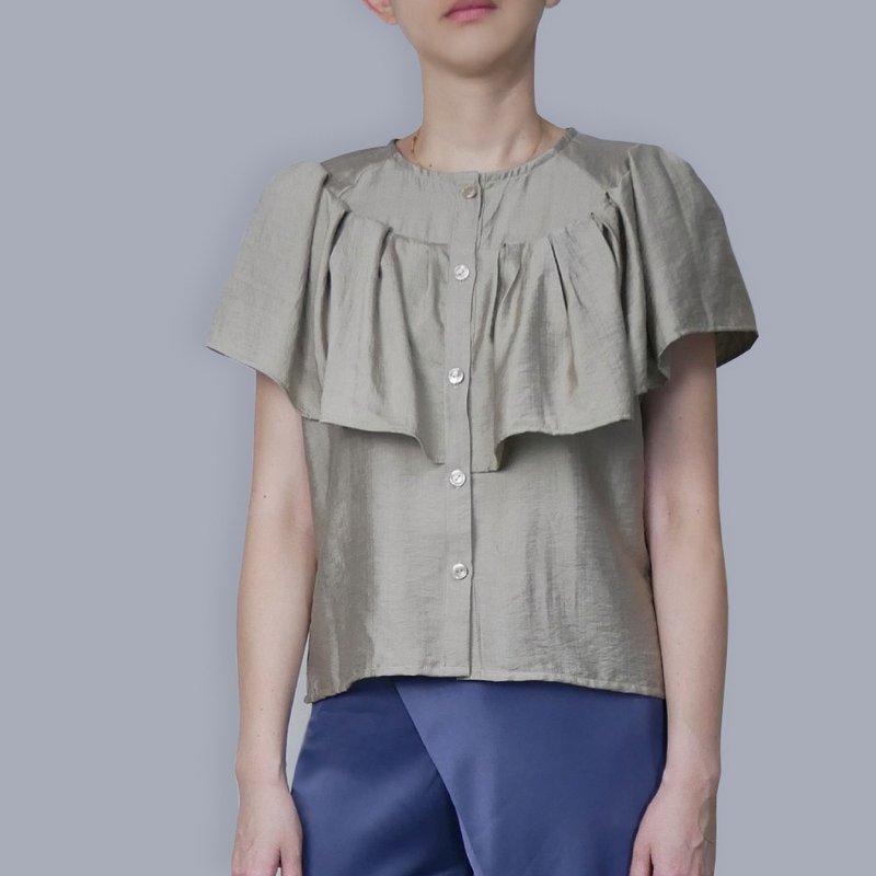 橄榄绿丝棉肩饰荷叶边上衣 - 女装上衣 - 其他人造纤维 