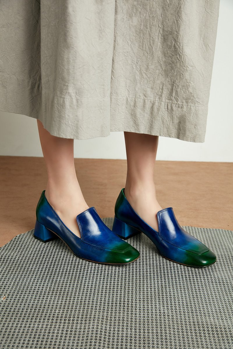 HTHREE 4.6方头乐福跟鞋/渐层/尼斯湖/ Square Toe Loafers Heels - 女款休闲鞋 - 真皮 蓝色