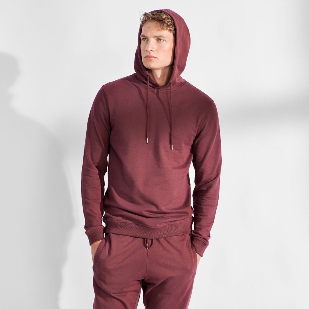 北欧极简 - Hoodie 男用有机棉帽T - 勃根地红 - 中性连帽卫衣/T 恤 - 棉 红色
