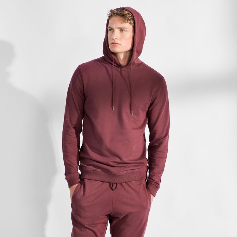 北欧极简 - Hoodie 男用有机棉帽T - 勃根地红 - 中性连帽卫衣/T 恤 - 棉．麻 红色