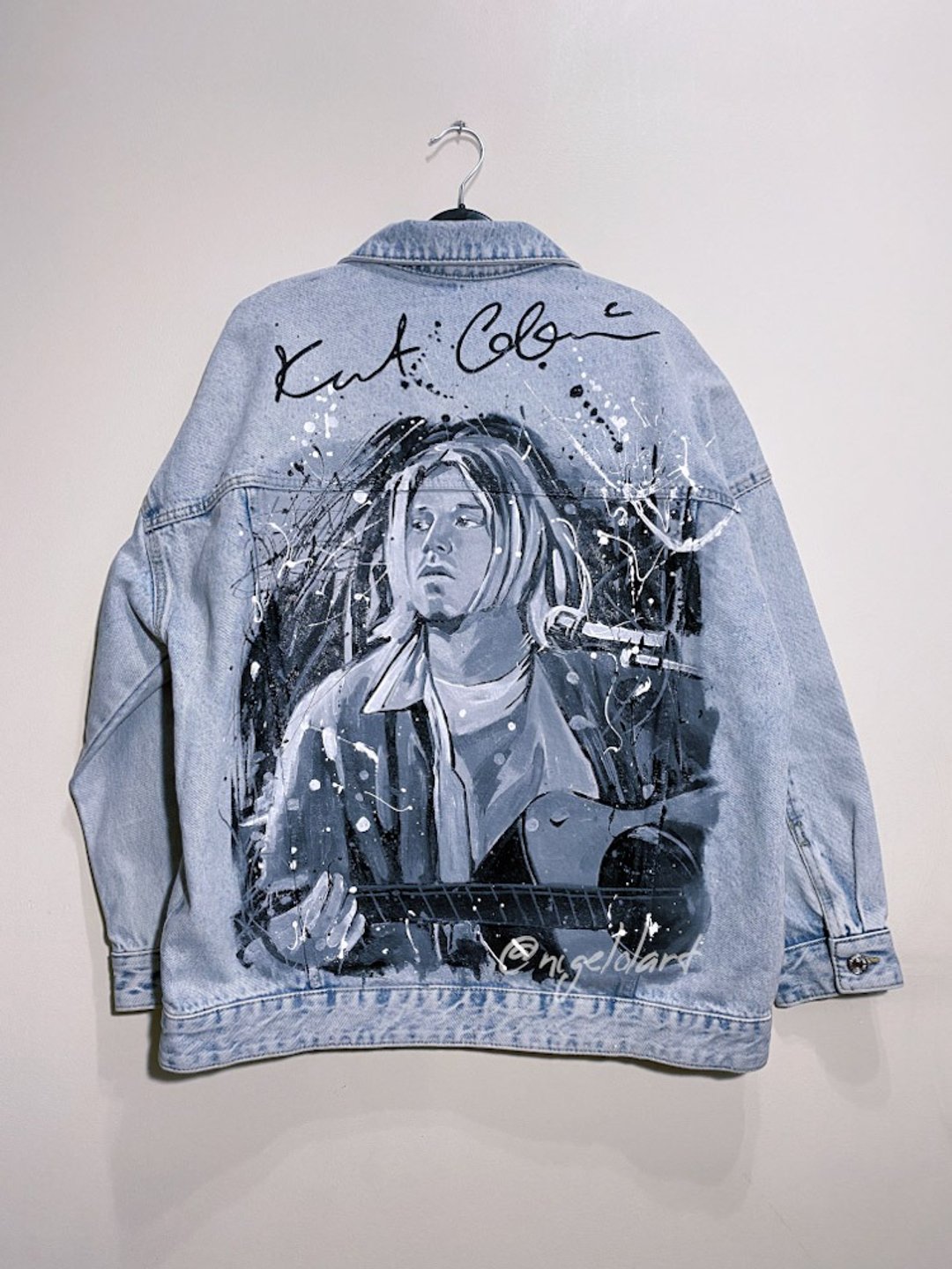Painted Denim Jacket Handmade Custom Kurt Cobain Nirvana Gift - 女装休闲/机能外套 - 棉 多色