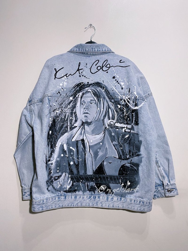 Painted Denim Jacket Handmade Custom Kurt Cobain Nirvana Gift - 女装休闲/机能外套 - 棉．麻 多色
