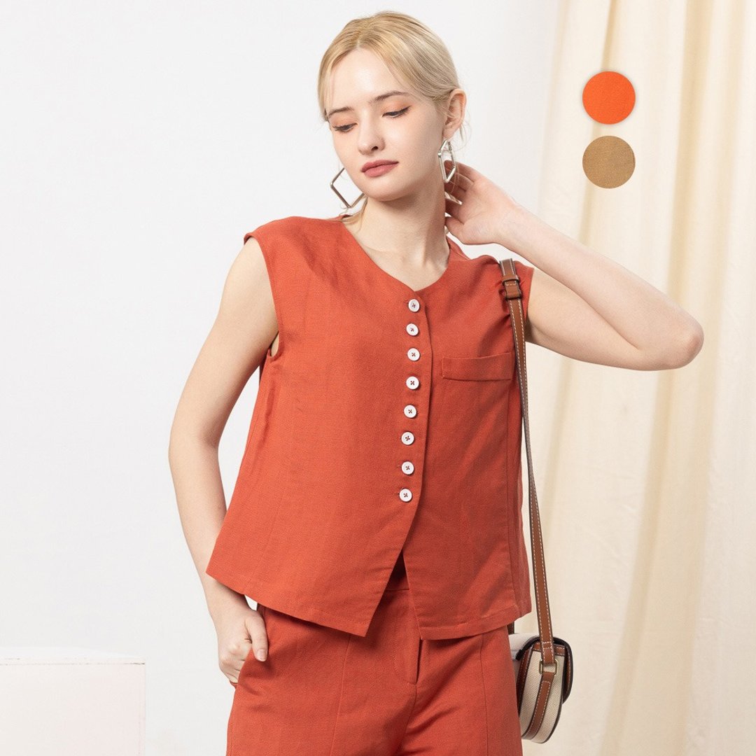 【MEDUSA】凉感排扣V领亚麻无袖背心 - 2色(M-XL) | 凉感西装背心 - 女装背心 - 棉 橘色