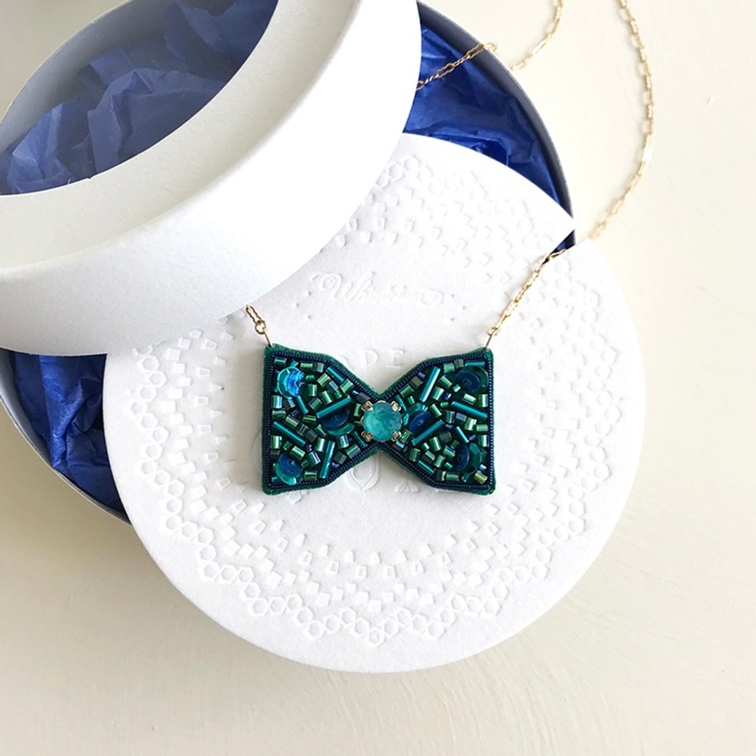 14KGF/EMBROIDERY: 'ORIBBON-II' Necklace #02.EM -embroidered necklace - 项链 - 绣线 绿色