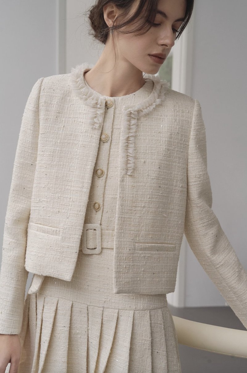 法式极简 真丝花边外套 无袖百褶连身裙套装 - 女装上衣 - 其他材质 多色