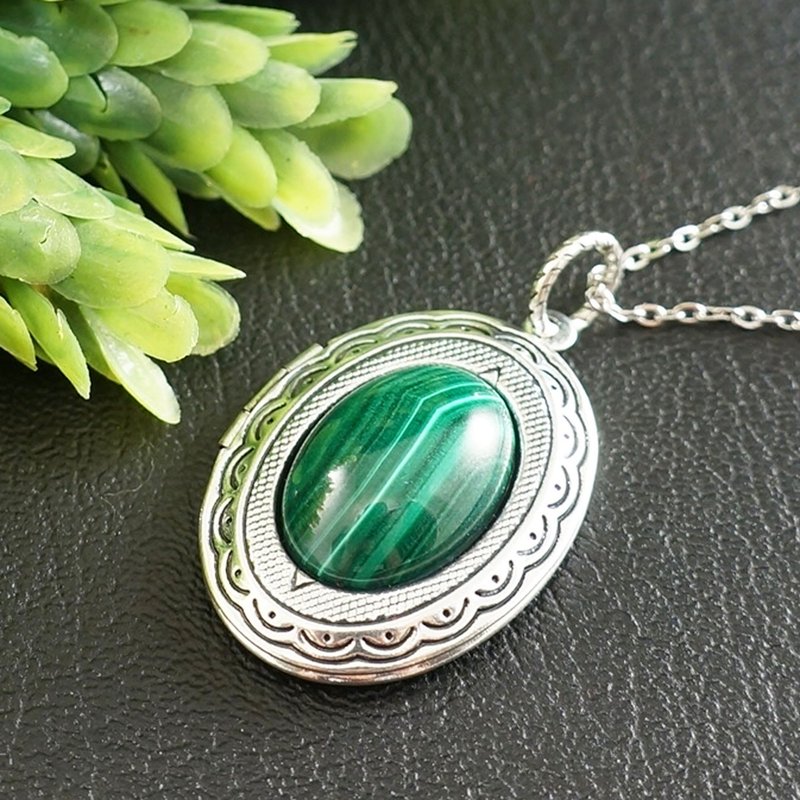 绿色孔雀石相片夹坠项链 银质夹坠 纪念吊坠项链 饰品 - 项链 - 半宝石 绿色