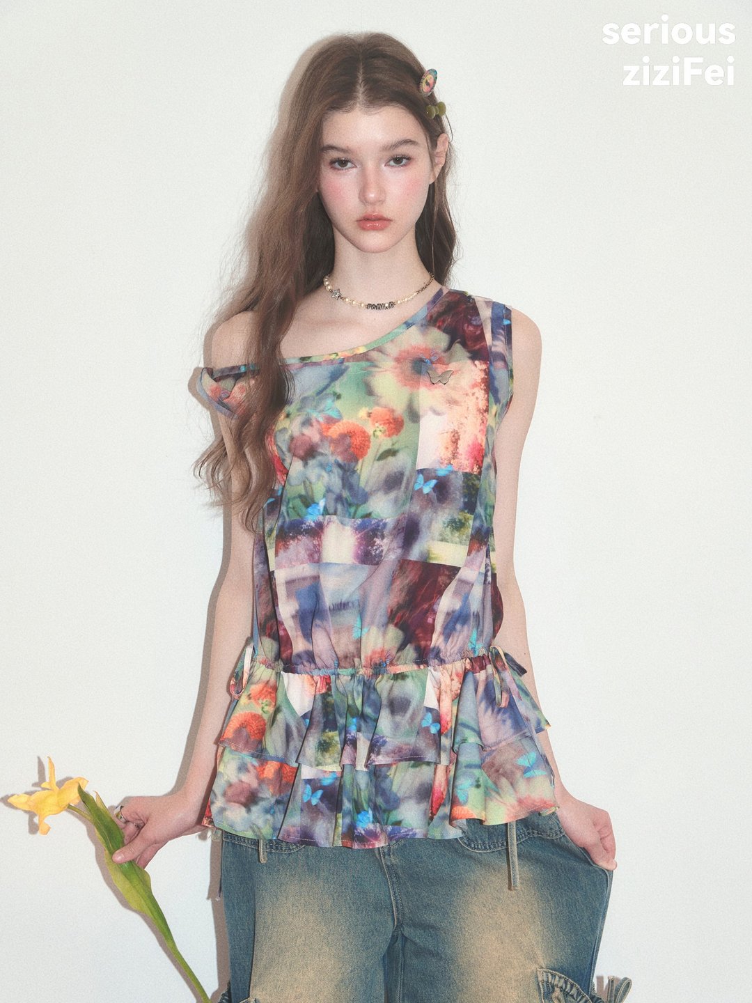 ziziFei''向阳花''夏荷叶边下摆艺术油画印花无袖上衣露肩背心女 - 女装背心 - 其他材质 