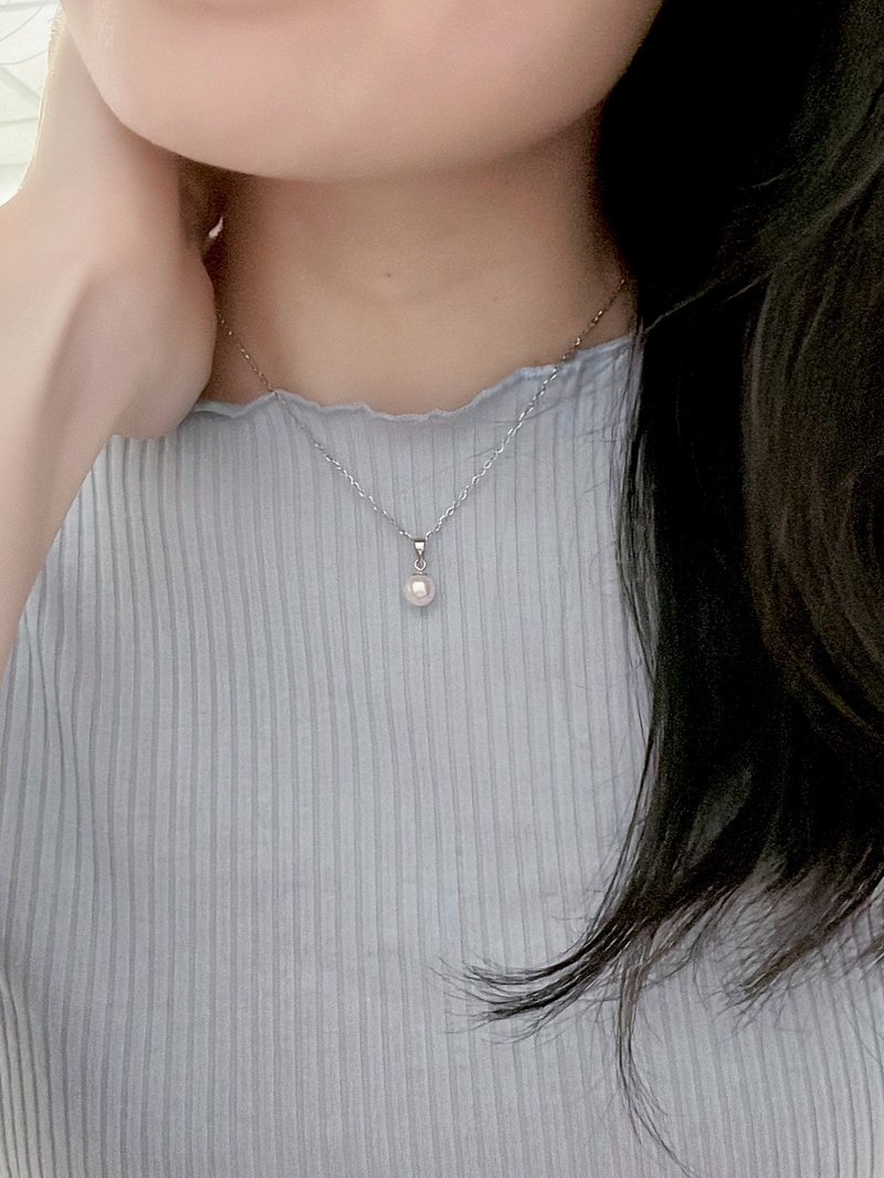 【樱花粉天然珍珠 正圆单坠项链】单颗珍珠/颈链/礼物 节日送礼 - 项链 - 珍珠 白色