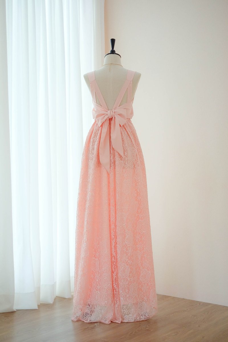 Pink blush Lace dress Bridesmaid Prom Cocktail Party Wedding Dress - 晚装/礼服 - 聚酯纤维 粉红色