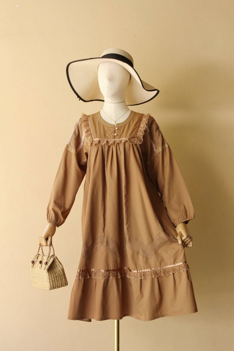 VINTAGE Baby doll, mori style, A-line loose dress, Free size - 洋装/连衣裙 - 棉．麻 咖啡色