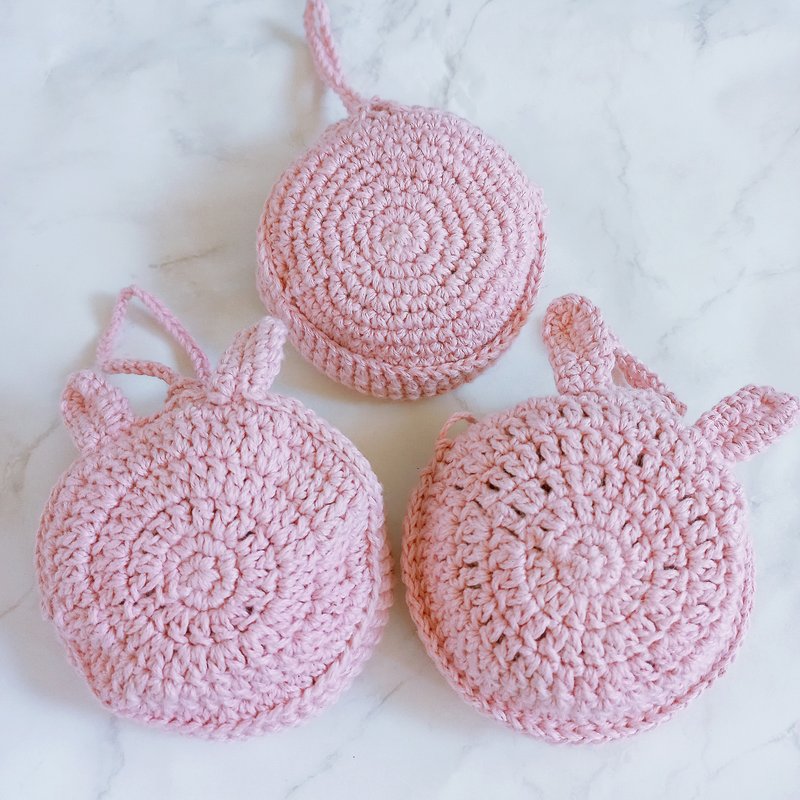 粉红兔耳 可收纳 皮革底 纯棉 编织 网袋 饮料袋 杯袋 - 随行杯提袋/水壶袋 - 棉．麻 粉红色