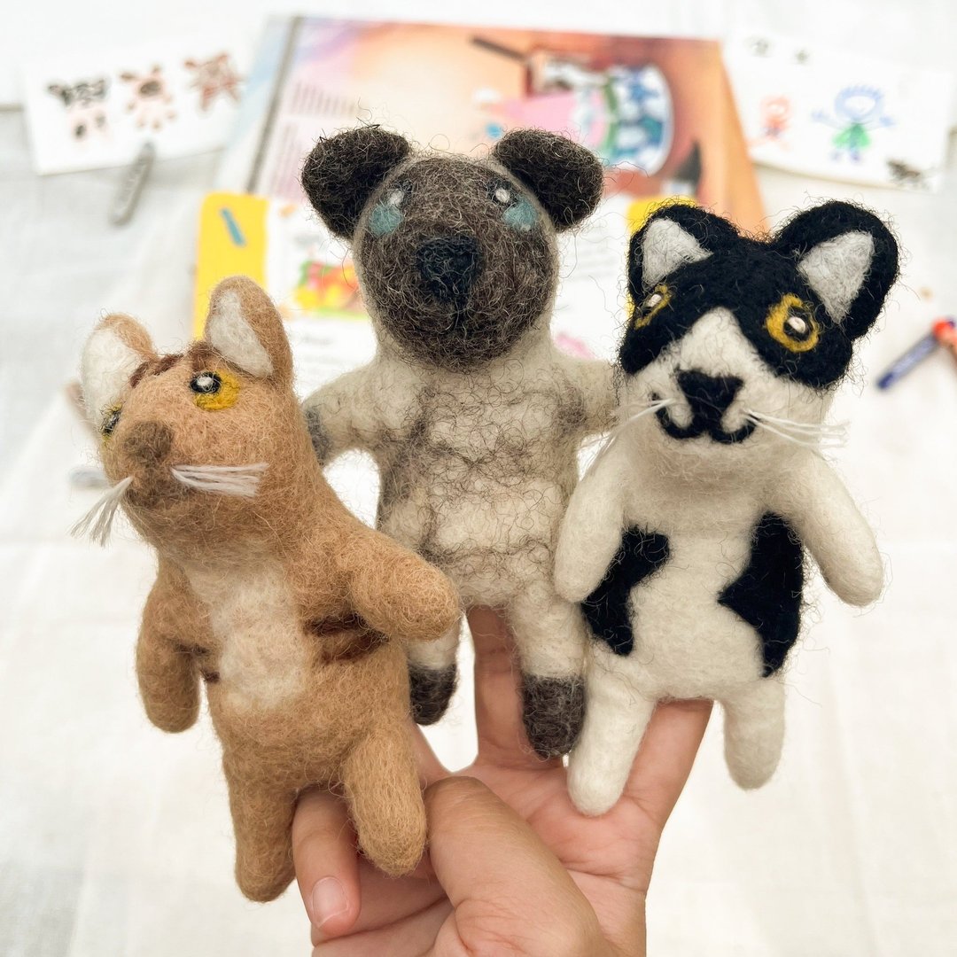 猫咪手指偶 3 入套装组 黑猫 橘猫 暹罗猫 讲故事道具 羊毛毡指偶 - 玩具/玩偶 - 羊毛 