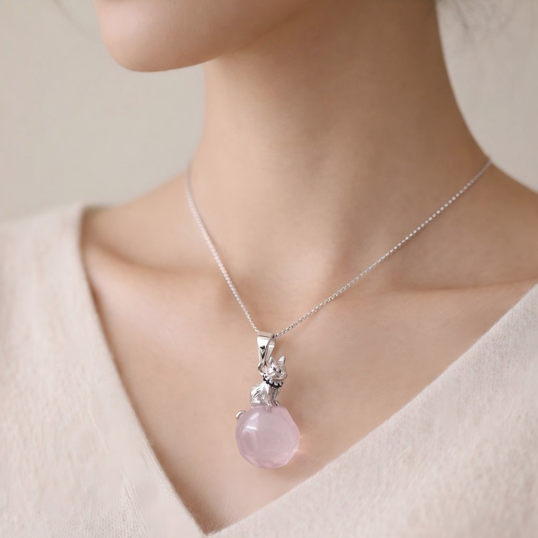 Soft Companion 粉水晶吊坠项链 天然粉晶 猫咪纯银项链 日常佩戴 - 项链 - 水晶 粉红色