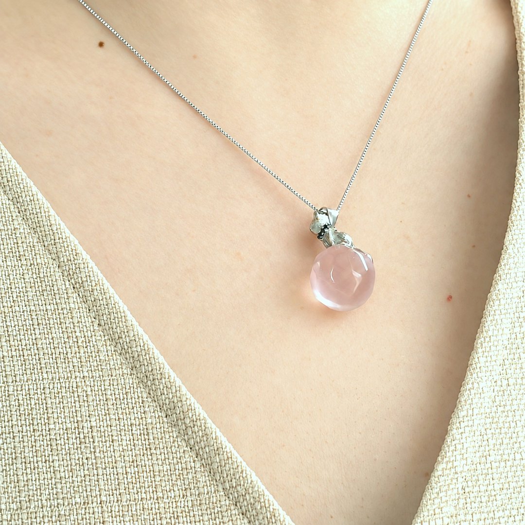 Soft Companion 粉水晶吊坠项链 天然粉晶 猫咪纯银项链 日常佩戴 - 项链 - 水晶 粉红色