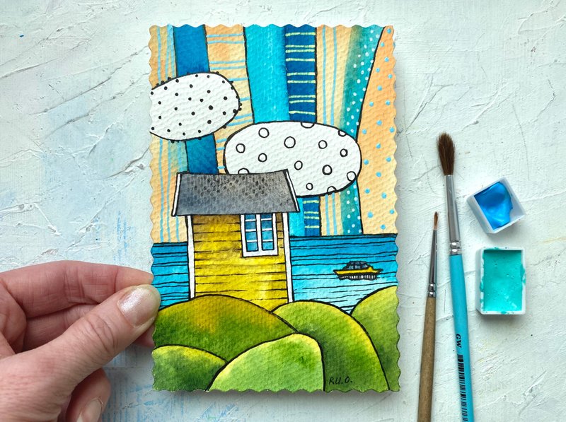 Beach house painting Miniature art Original artwork Small sea wall art - 海报/装饰画/版画 - 纸 多色