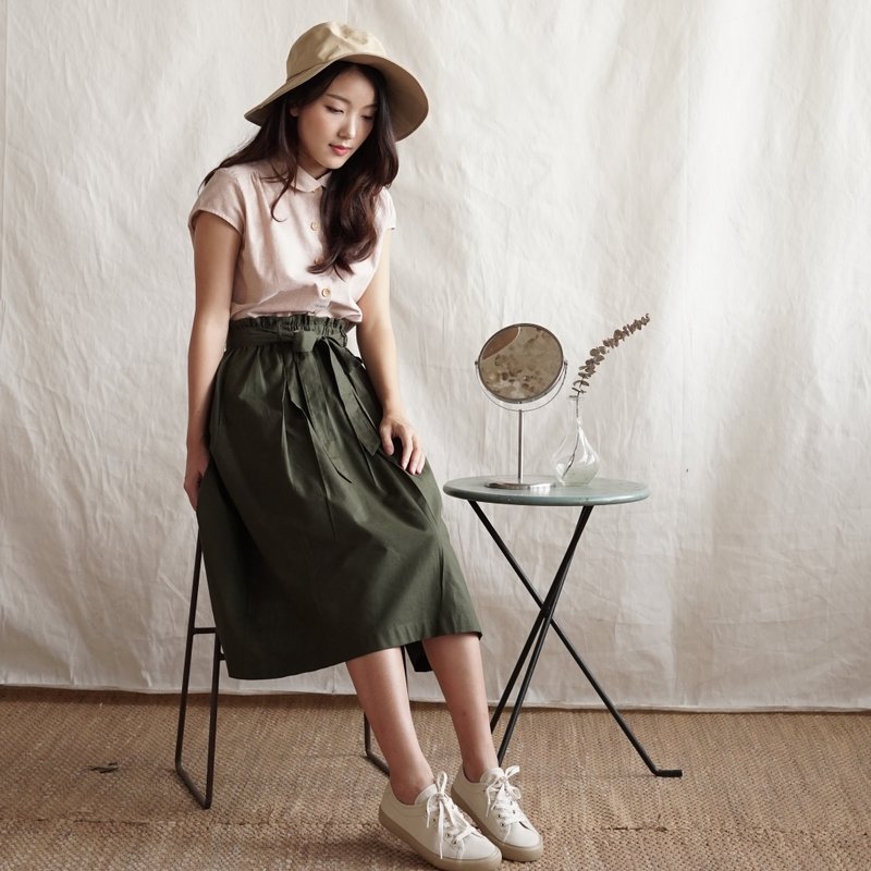 高腰棉质中长裙 _ MAPRANG : 绿色 - 裙子 - 棉．麻 绿色