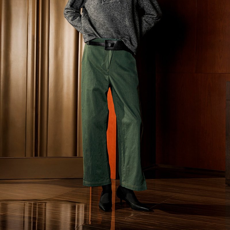 智性斜裁开襟直筒裤 - 女装长裤 - 其他材质 绿色