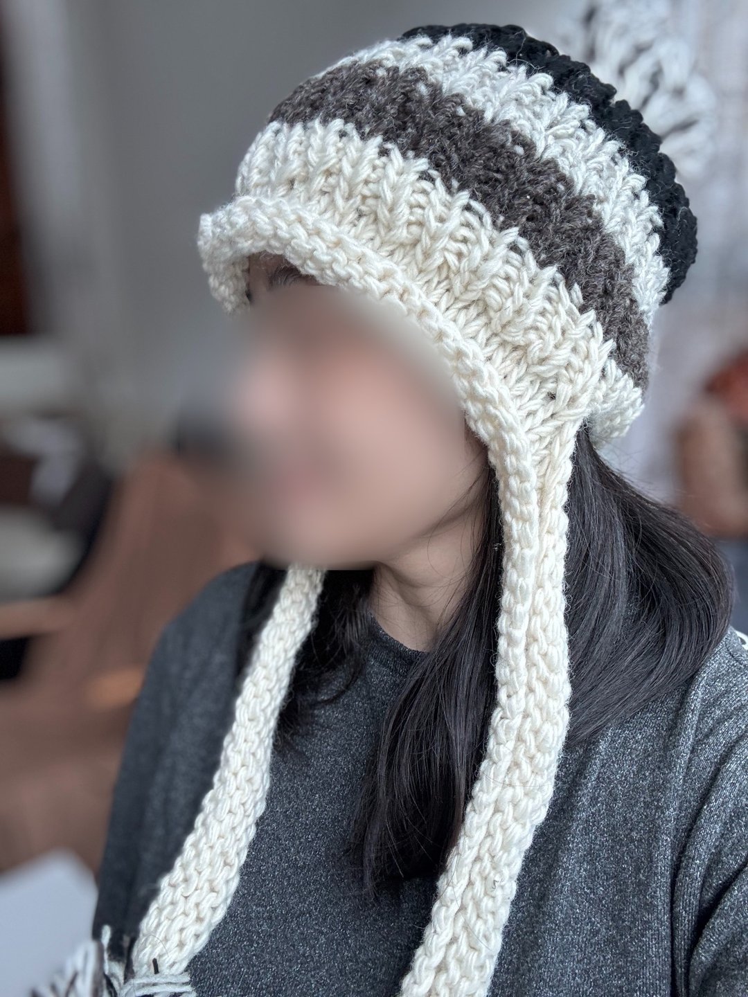 童/成人黑灰条纹卷边立体纯羊护耳帽手工编织防风内衬半衬毛帽子 - 帽子 - 羊毛 白色