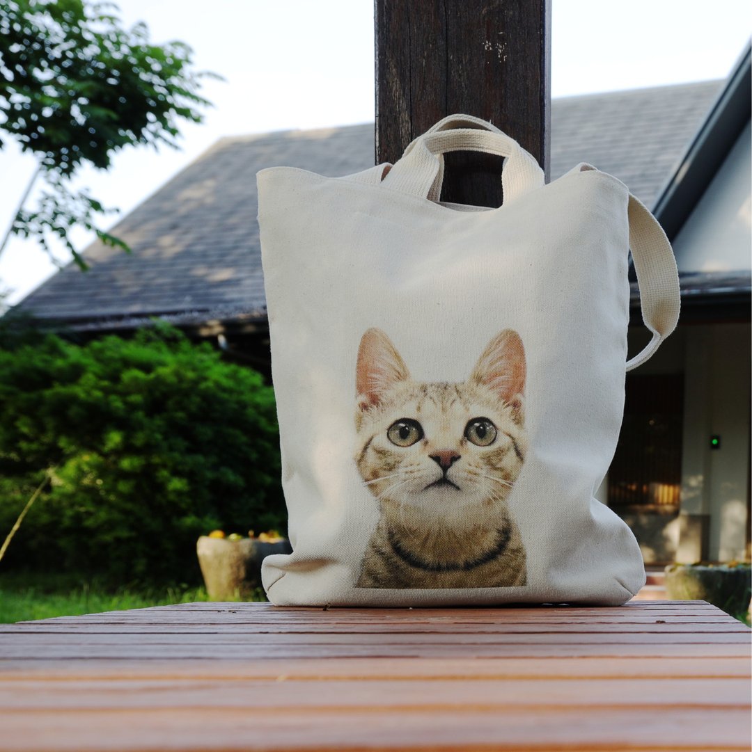 客制化帆布袋 宠物 人 猫 狗 文创帆布包 手提肩背袋 午餐袋 便当 - 手提包/手提袋 - 棉 卡其色