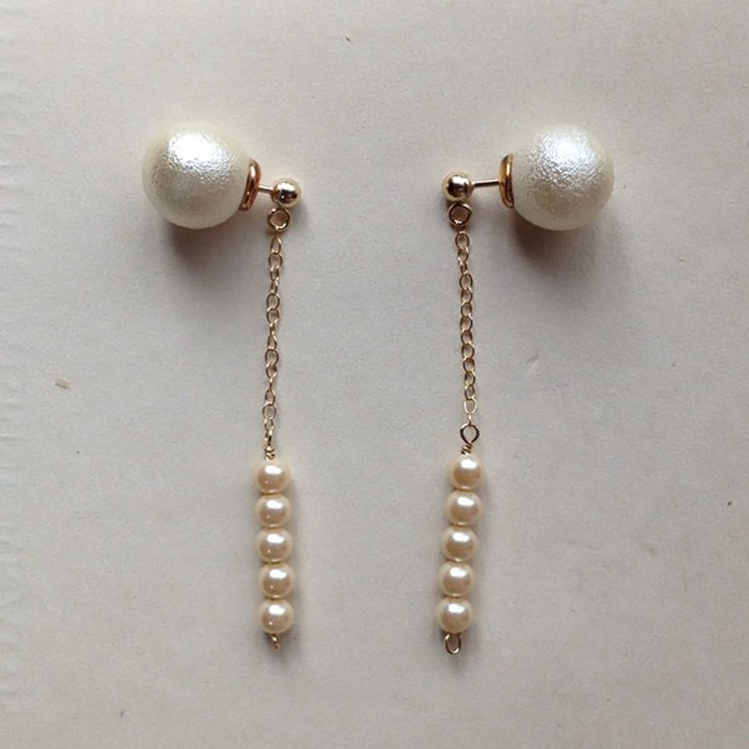 2 way 14 kgf vintage glass pearl × pearl catch pierced earrings ear needle - 耳环/耳夹 - 玻璃 白色