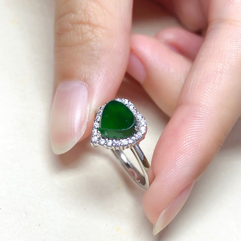 【愿·无事】冰种老坑绿爱心无事牌戒指925银 | 天然A货翡 | 送礼 - 戒指 - 玉石 绿色