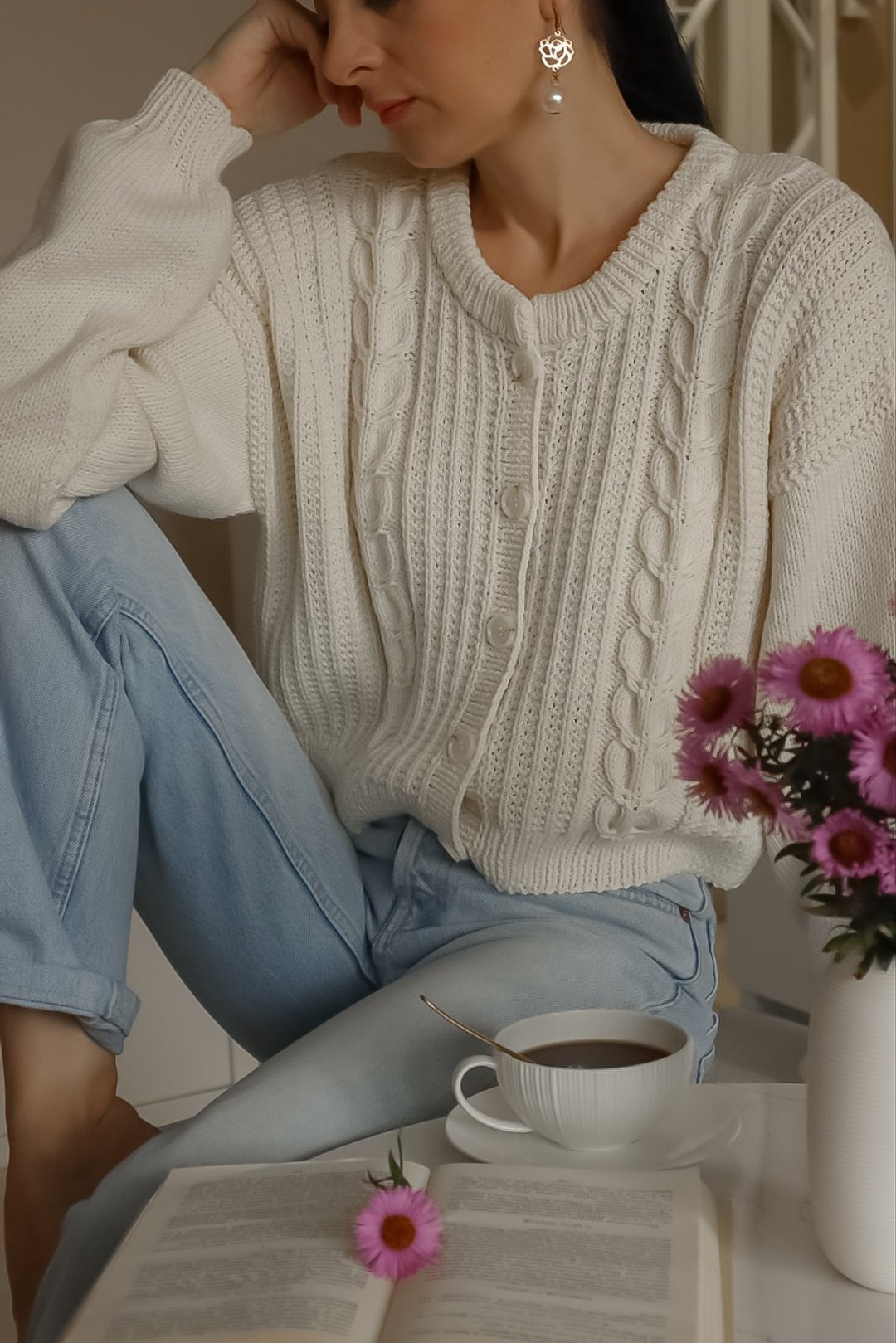Cable knit sweater White knit sweater Knit cardigan for women - 女装针织衫/毛衣 - 羊毛 