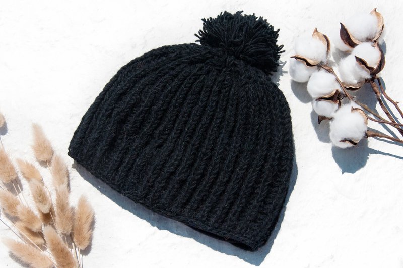 手工编织纯羊毛帽/编织帽/针织毛帽/内刷毛手织毛帽/毛线帽-黑色 - 帽子 - 羊毛 黑色